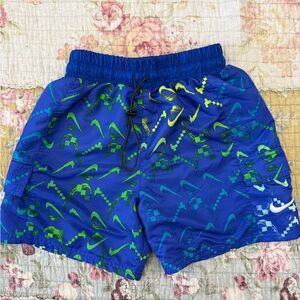 Nike Blue Swim Shorts with Green and Teal Swoosh Print